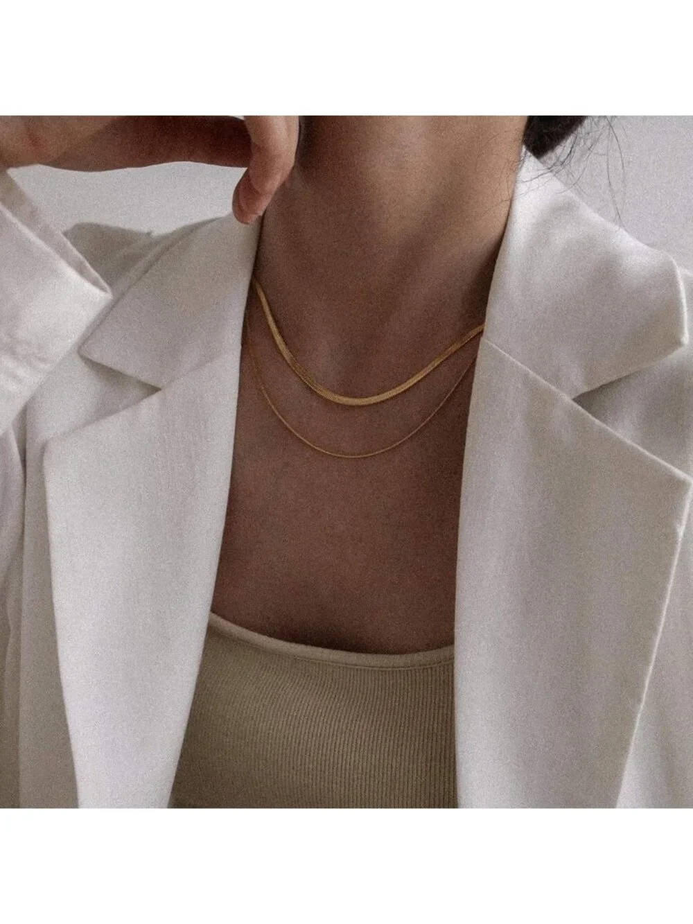 18K Gold Plated Double Herringbone Chain Necklace - Minimalist Layering Jewelry